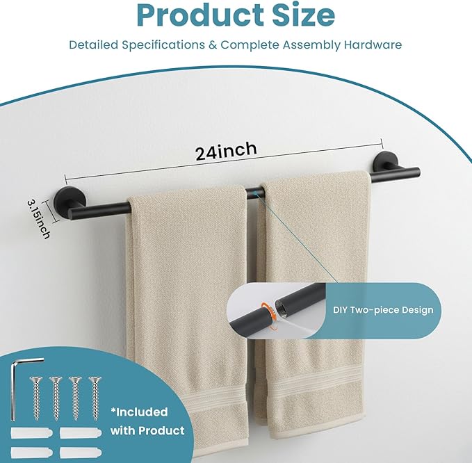 Towel Bar, 24 Inch Towel Racks for Bathroom Wall Mounted, SUS304 Stainless Steel Bathroom Towel Holder, Modern Home Decor Towel Rod and Kitchen Towel Shelf (Matte Black)