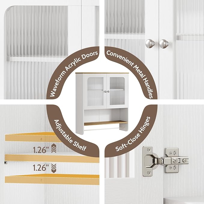 Fluted Bathroom Cabinet Wall Mounted with Towel Bar, Hanging Medicine Cabinet Organizer for Bathroom Storage w/ Motion Sensor LED Light, White Over Toilet Storage Cabinet w/ 2 Door, Adjustable Shelf