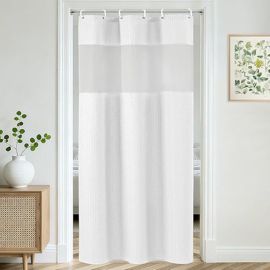 UFRIDAY White Waffle Weave Small Stall Shower Curtain Liner 36x72 inch,Hotel Style Bath Curtain with Mesh Top Window, Heavy Duty Thick Fabric Shower Curtain for Bathroom,Washable Water Resistant