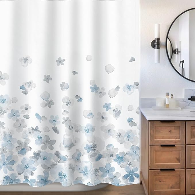 Sunlit Design Extra Long Simple Style Blue and Gray Flower Blossoms Fabric Shower Curtains for Bathroom Decor with White Background