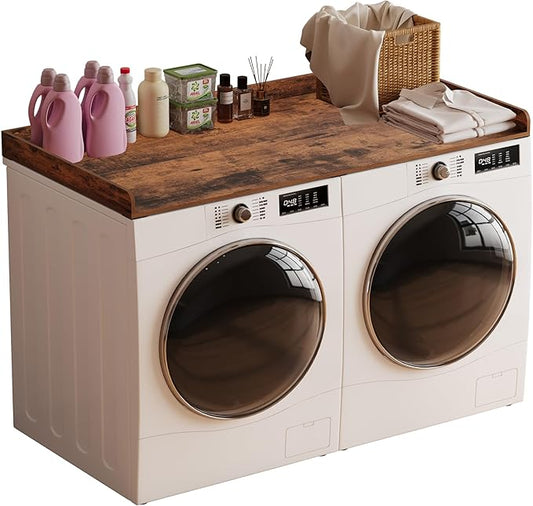 Unionly Washer Dryer countertop with Edge Rails and Non-Slip Mat,Wooden Laundry Countertop for Laundry Room Storage Organization (Rustic Brown, Full)