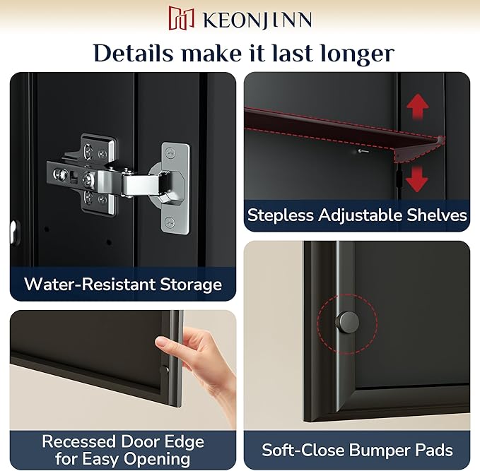 Keonjinn 64 x 32 Inch Medicine Cabinet, Assembly Required, Black Bathroom Medicine Cabinets Mirror, Lightweight, Adjustable Shelves, Surface Mount or Recessed, Tempered Glass