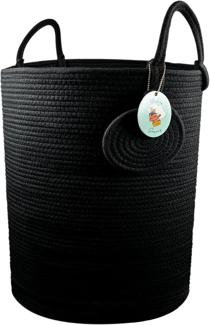 Modern Granny Large Cotton Rope Laundry Hamper 15x20 Inch Dual Secure Woven Handle for Living Room Closet Clothes Blanket Organization