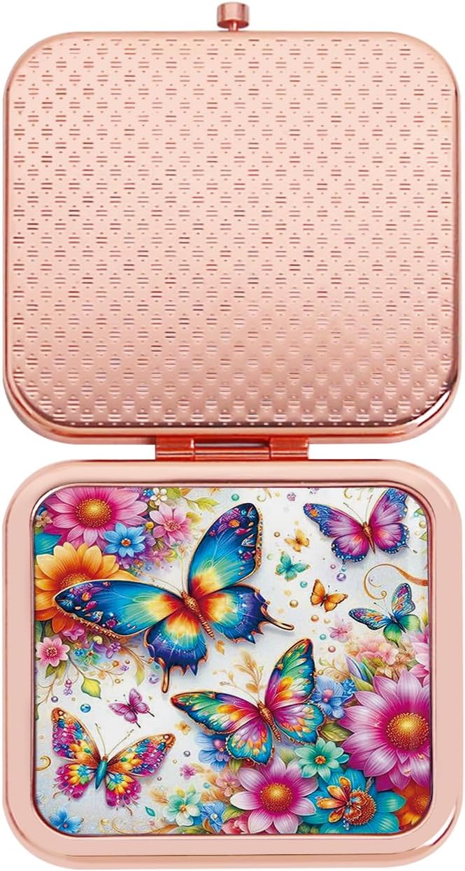 Compact Mirror for Women, Square Mini Pocket Travel Makeup Mirror, Pretty Portable Folding Small Pocket Mirror for Handbag, Purse, Double Sided Handheld Mirror(Rose Gold Butterfly)