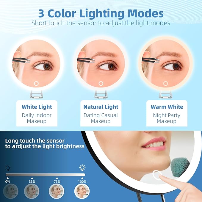 30X Magnifying Mirror with Lights, 6inch Makeup Magnified Mirror 30X Lighted Travel Magnification with 3 Suction Cups and 360° Adjustable Stand- Includes Tweezers & Scissors