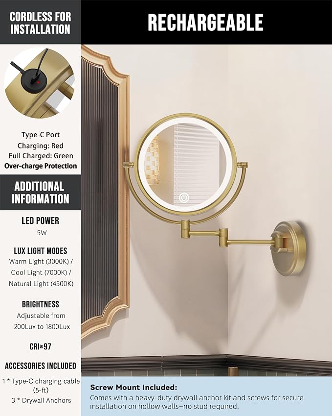 10" Rechargeable Wall Mounted Mirror Swing Arm Lighted, 1X/5X Double-Sided 3-Colors Touch Dimmable 2600 mAh Face Mirror Magnifying with Light Extended for Bathroom, Antique Brass