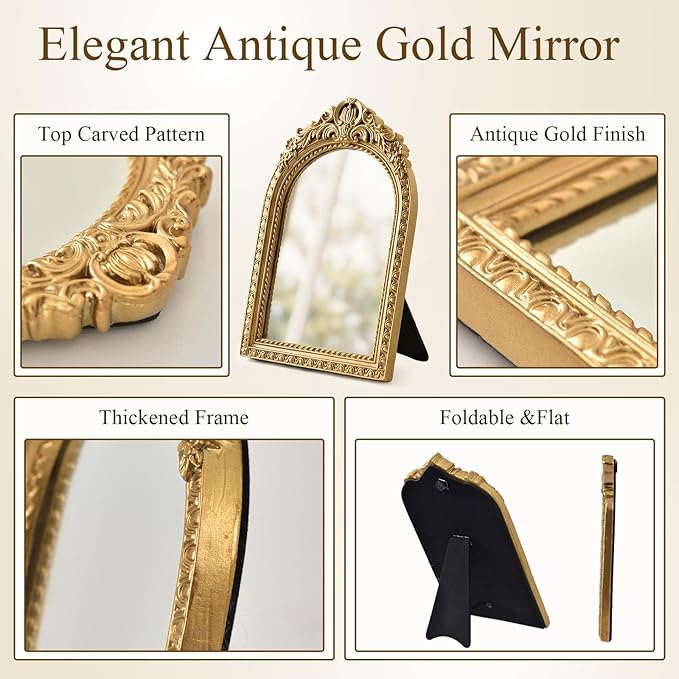 Vintage Gold Mirror for Desk, 10" x 7" Ornate Tabletop Vanity Mirror, Antique Style Decorative Small Mirror for Bedroom Dresser, Baroque Metal Frame Aesthetic Room Decor