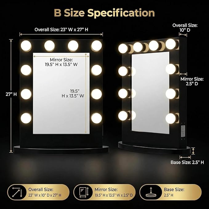 Tangkula Hollywood Makeup Vanity Mirror with Lights, Standing Vanity Makeup Mirror with Detachable Base, Beauty Mirror Makeup Mirror with Dimmer for Dressing Room Bedroom (Black)