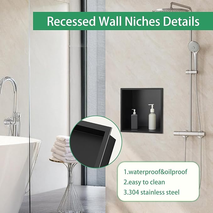 SaniteModar Shower Niche, Stainless Steel Shower Niche No Tile Needed, Recessed for Bathroom Storage (Matte Black, 12x12)