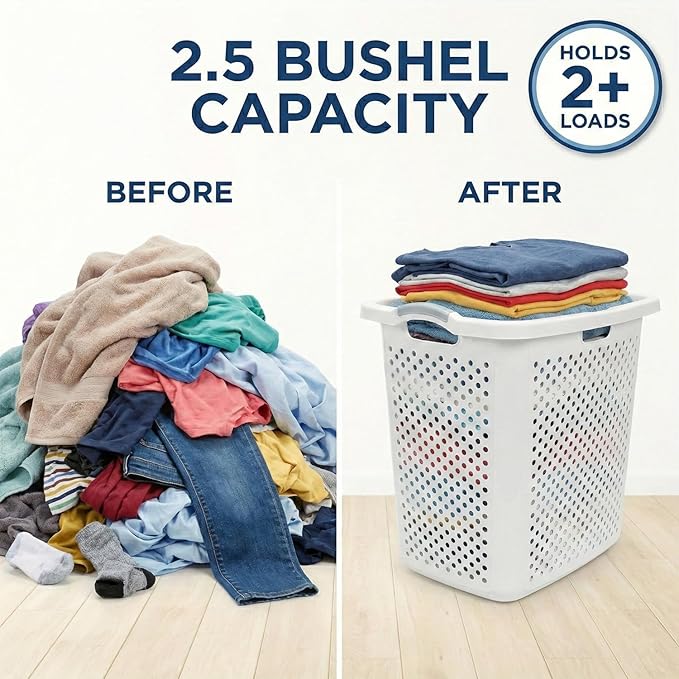 Extra Large 2.5 Bushel Plastic Laundry Hamper Basket - Tall Ventilated Clothes Bin with 4-Way Easy-Grip Handles, Heavy Duty Washing Storage for Bedroom, Bathroom, and Dorm Organization, White
