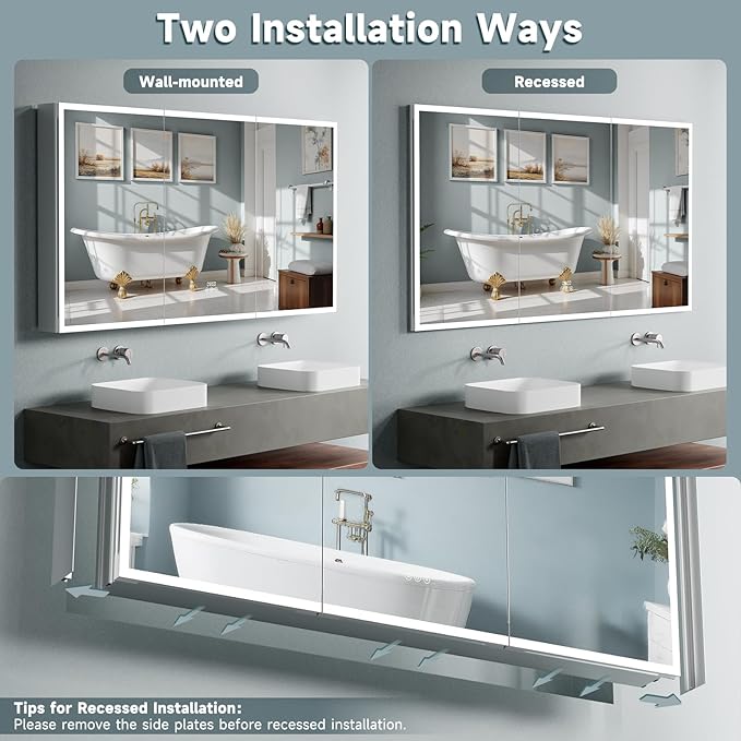 Medicine Cabinet with Lights, 36x30 Inch LED Mirror with 3 Color Lighted, Dimmable, Defogger, Clock & Temp, Surface or Recessed
