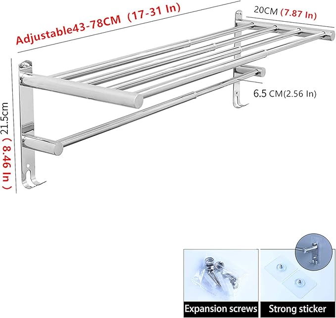 Towel Bars Retractable 20-30 Inche Stainless Steel 304 Bath Towel Rack Strong 3M Adhesive Bathroom Wall-mounting Free mounting Hole-Installing washroom Kitchen Space Saving 2-Tier Shelf Towel Rack