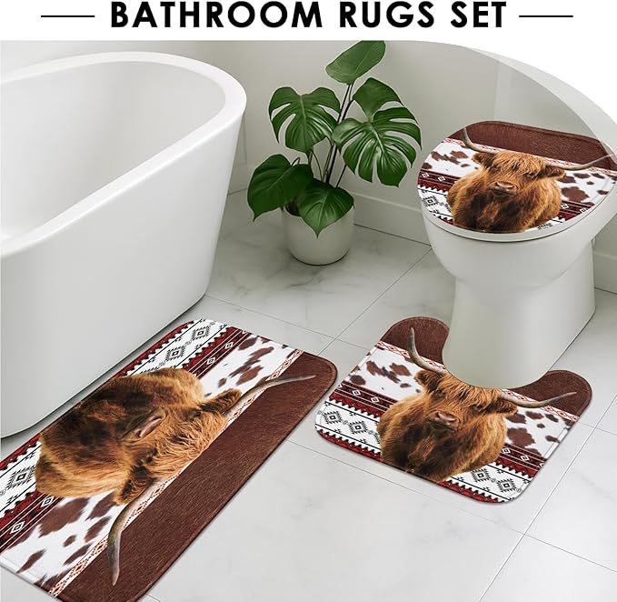 Western Highland Cow Shower Curtain Set with Toilet Lid Cover and Non-Slip Rugs, Cowhide Print Rustic 4 Pcs Shower Curtain with 12 Hooks, Farmhouse Bathroom Set with Rugs and Accessories