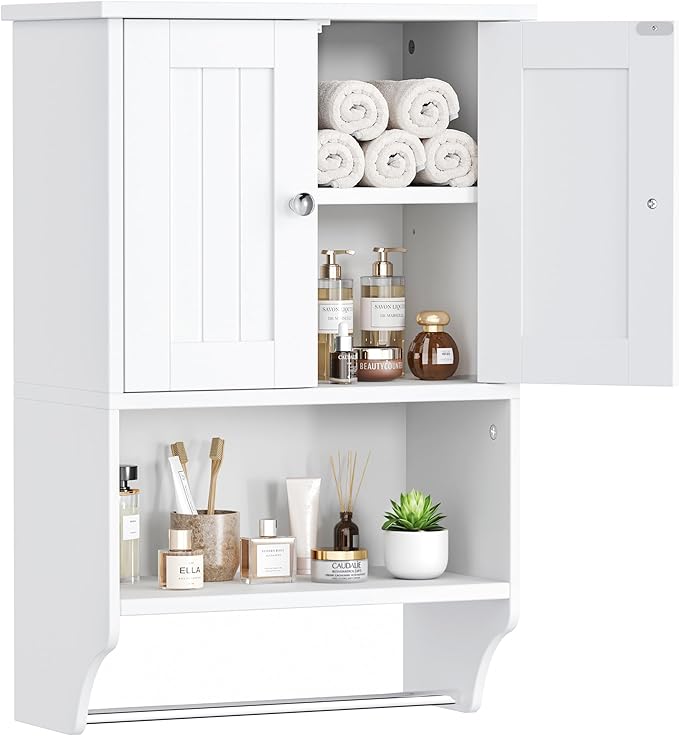 Keehusux Small Bathroom Wall Cabinet with Towel Bar and Adjustable Shelf, Modern Medicine Cabinet with 2 Lined Doors, Wooden Over the Toilet Storage Cabinet for Kitchen, Living Room, Entryway, White