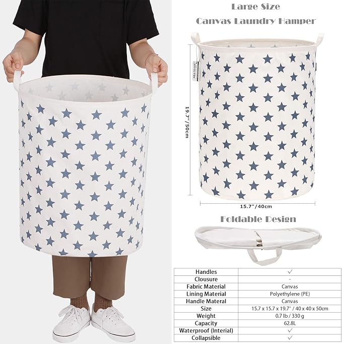 Sea Team 19.7 Inches Large Sized Waterproof Coating Ramie Cotton Fabric Folding Laundry Hamper Bucket Cylindric Burlap Canvas Storage Basket (19.7", Navy Blue Star)