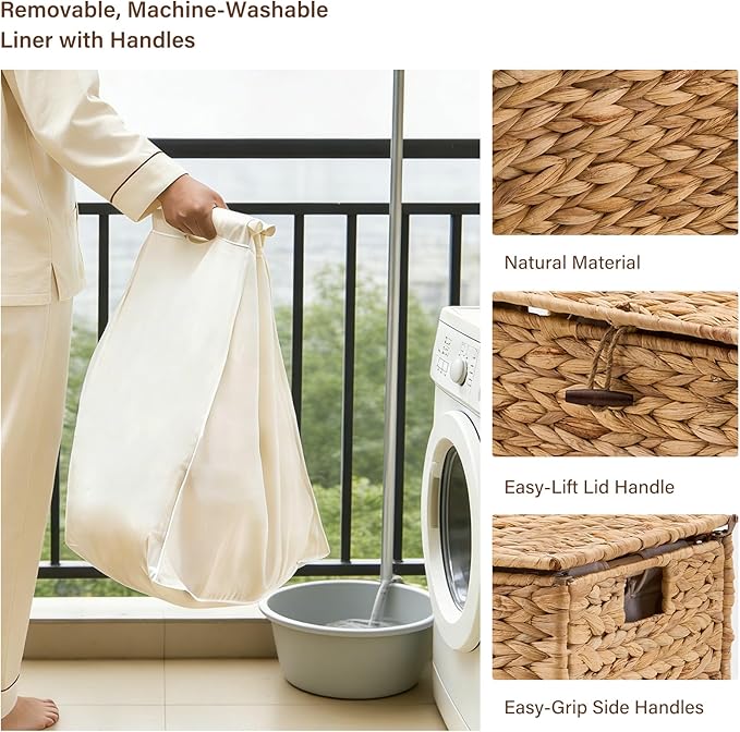Hand-Woven Laundry Basket with Wheels, Natural Water Hyacinth Laundry Hamper with Lid, Removable & Machine-Washable Liner,Clothes Hamper for Bathroom and Laundry Room(65L,Natural)