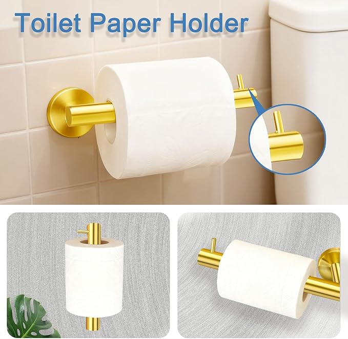 Upgraded & Thickened 5-Piece Brushed Gold Bathroom Hardware Set, 5-in-1 Towel Rack Kit, 23.6 Inch SUS304 Stainless Steel Towel Bar & Toilet Paper Holder, Modern Gold Bathroom Accessories (5 Pack)