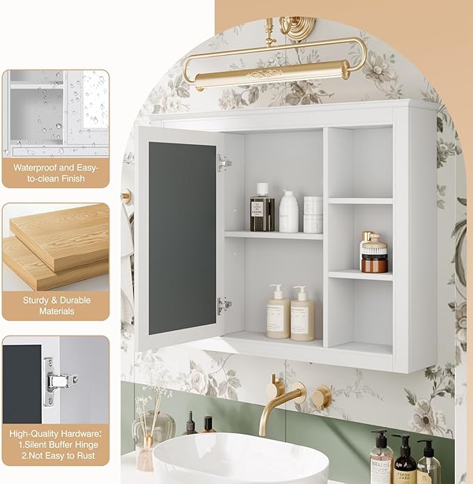 Merax 35''L Bathroom Medicine Storage Cabinet with Mirror Doors, Modern Wall Mount Toilet Toilet Organizers with 6 Open Shelves, White