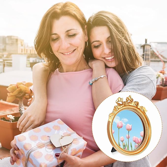 Abeillo Small Gold Desk Mirror, 4.2'' Round Decorative Mirror Vintage Table Mirrors with Gold Resin Frame for Bedroom Bathroom Tabletop Wall