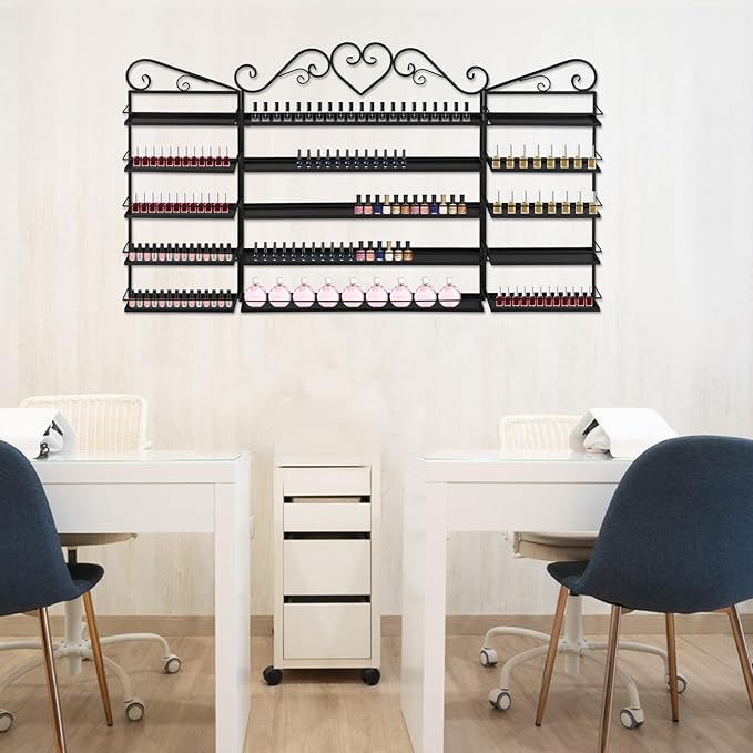 Wall-Mounted Nail Polish Storage Racks Metal Nail Polish Holder 5 Tiers Salon Wall Shelf Organizer Wall Shelf for Nails Salons, Beauty Shops, Stores (1 Middle Rack, 2 Side Racks, Black)