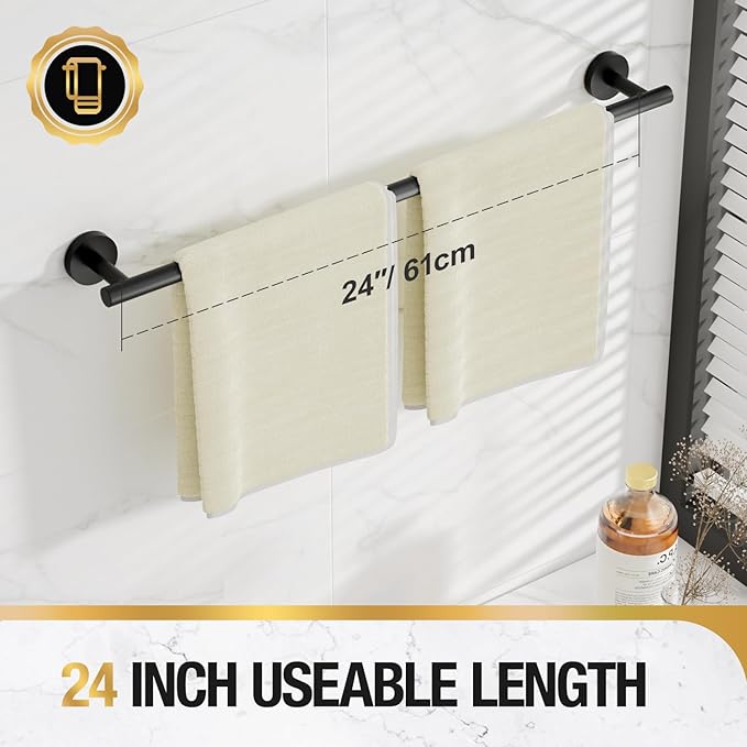HITSLAM Matte Black 24 Inch Towel Bar for Bathroom, SUS304 Stainless Steel Bathroom Towel Rack Wall Mounted, Modern Home Decor Bath Towel Holder with Hardware Accessories(Total Length 25.7 Inch)