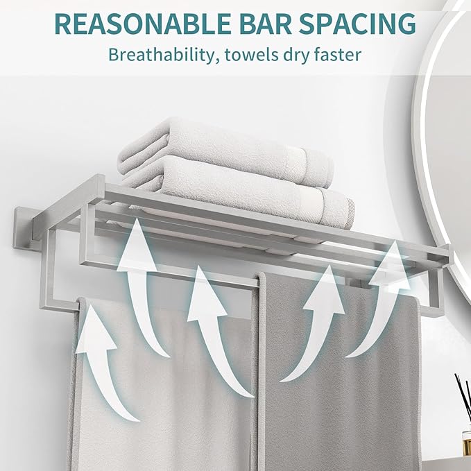 Double Towel Bar, 24 Inch Towel Racks for Bathroom Wall Mounted, Bathroom Towel Rack, Towel Rack with Shelf, Stainless Steel Hand Towel Hanger, Bath Towel Holder for Wall, Brushed Nickel