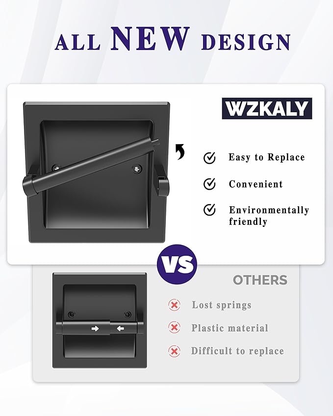 Matte Black Recessed Toilet Paper Holder for Large Rolls, Pivoting Black Toilet Paper Holder Wall Mount Stainless Steel, in Wall Toilet Paper Holders Black, Bathroom Toilet Paper Wall Holder