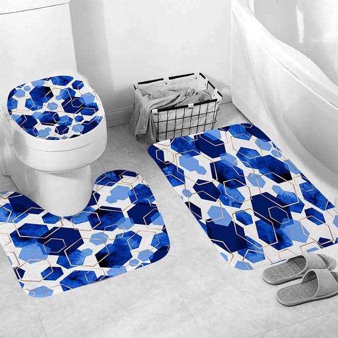 Muuyi 4Pcs Blue White Geometric Shower Curtain Set, Neutral Modern Art Deco Shower Curtain with Hooks, Elegant Trendy Simple Bathroom Sets with Shower Curtain and Rugs, 71 * 71in
