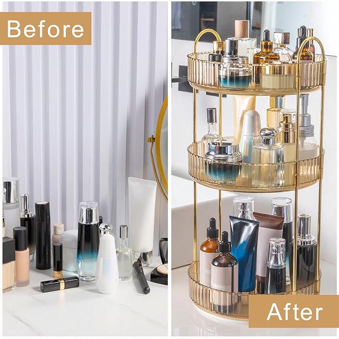 INVSSENE 360 Rotating Makeup Organizer, Yellow, Unisex, 3 Tier Countertop Storage, Fits Cosmetics, Perfume, Skincare, Lipsticks