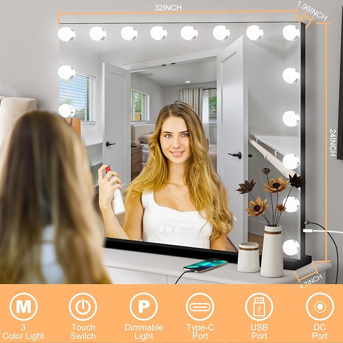 Moonee Black Vanity Mirror with Lights, Hollywood Lighted Makeup Mirror with 18 Dimmable Bulbs and 10X Magnification, 3 Colors Modes, Aluminum Metal Frame, Light Up Mirror for Tabletop/Wall（32" x 24"）
