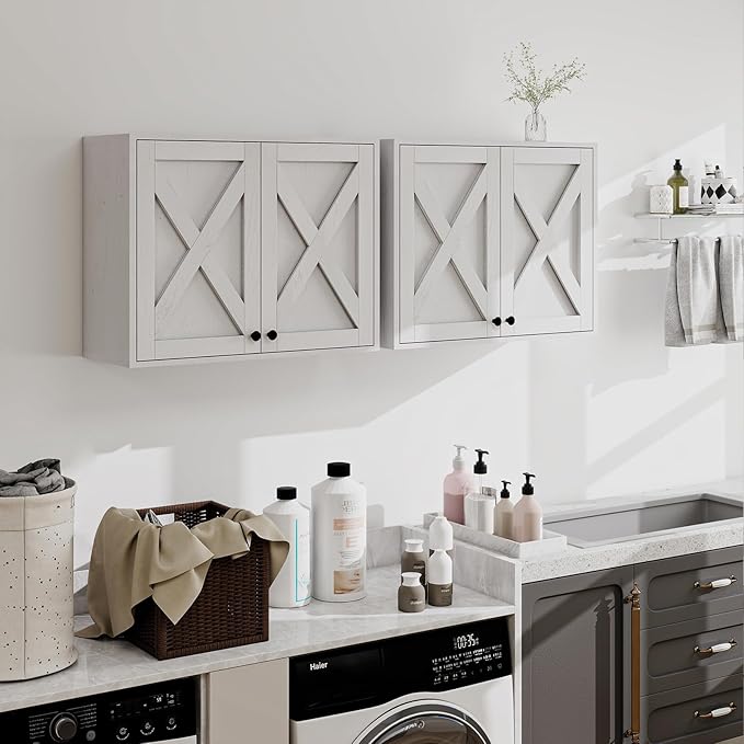YOURLITE Laundry Cabinet, Medicine Cabinet, Bathroom Kitchen Storage Wall Mounted Farmhouse Organizer with Shelves Over Toilet, One Set of 2 Pieces X 24", White