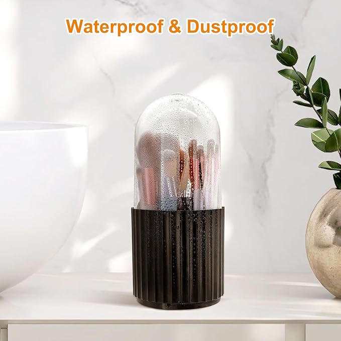 Makeup Brush Holder Organizer with Lid 360 Rotating Dustproof Storage Organizer, 5-Slot Makeup Brush Cup, Multifunctional Pen Holder for Makeup Brush Mascara or Eyeliner(Black)