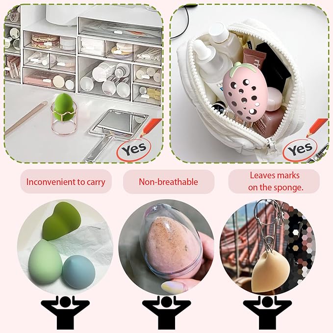 Makeup Sponge Holder Strawberry-shaped Stylish Cosmetic Sponge Storage Case Stainless Steel Makeup Tool Compact & Lightweight Travel-Friendly Cute & Portable Silicone (B「Pink + Rose Gold」)