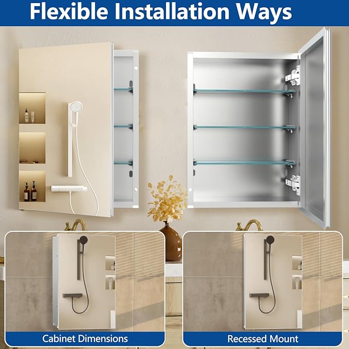16"x26" Aluminum Medicine Cabinet, Bathroom Cabinet with Mirror,Firm and Durable, Waterproof and Rust-Proof, Recessed or Surface Mount,Assembly Required