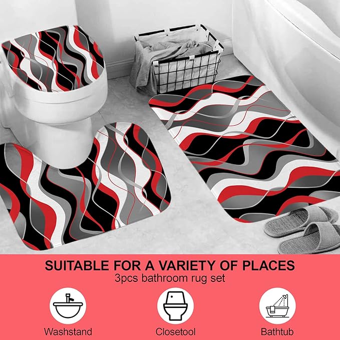 beifivcl 4Pcs Red Shower Curtain Sets with Non-Slip Rugs, Toilet Lid Cover and Bath Mat, Black and Gray Bathroom Decor Set Accessories Fabric Waterproof Shower Curtains with 12 Hooks, 72 x 72 Inch