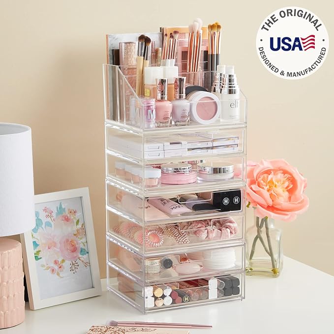 STORi Chloe Stackable Clear Makeup Holder and 6 Drawer Bundle | Organize Cosmetics and Beauty Supplies | Made in USA