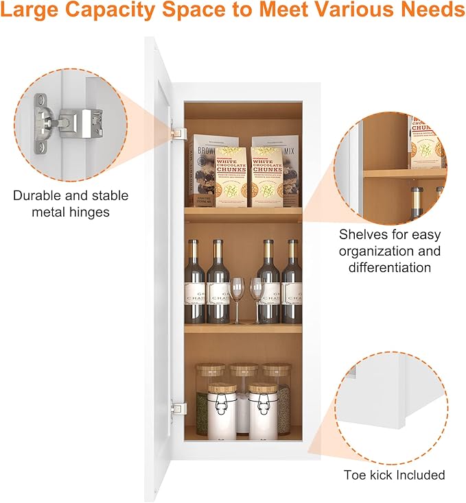 ROOMTEC Wood Wall Cabinet,RTA Single Door Medicine Cabinet with Adjustable Shelves and Soft-Close Door for Kitchen, Bathroom, and Laundry. 12" D*15" W*36" H, Shaker White