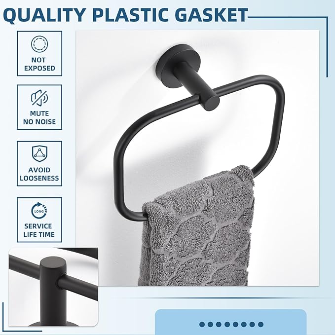 APLusee Matte Black Hand Towel Ring, Stainless Steel Towel Storage Holder, Wall Mount
