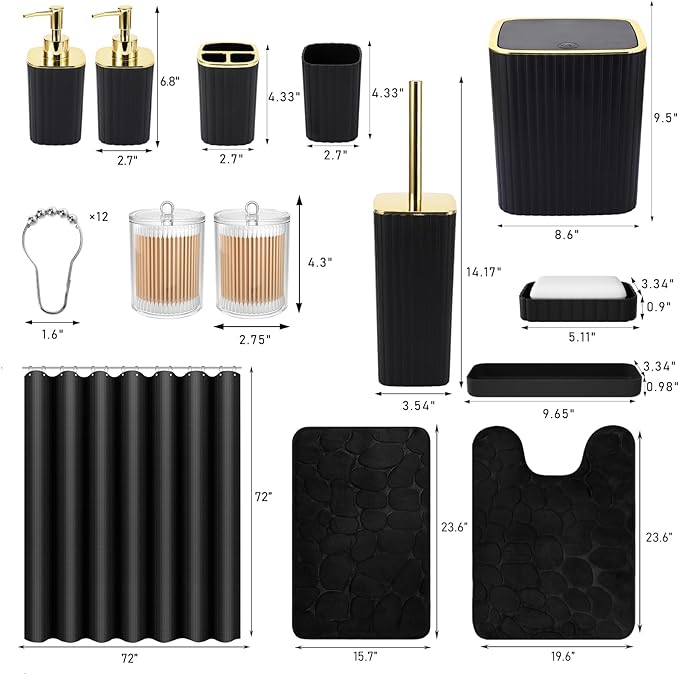 XLHOMO Bathroom Set with Shower Curtain and Rugs- 25PC Bathroom Accessory Set, Black Shower Curtain Set, Toilet Brush, Trash Can, Qtip Holder & Soap Dispenser