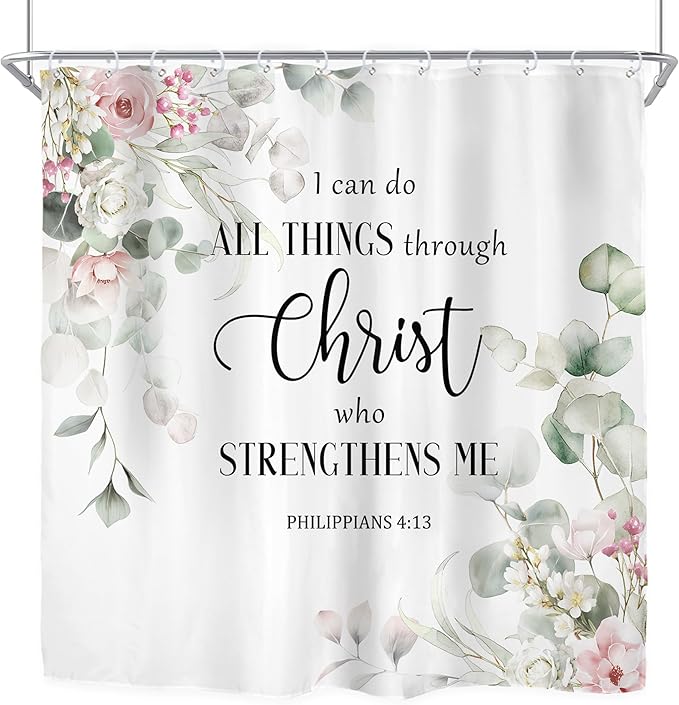 Riyidecor Eucalyptus Bible Verse Shower Curtain for Bathroom Decor 72Wx72H Green Leaf Pink Rose Christian Quotes Botanical Plant Scripture Art Printed Fabric Polyester Waterproof 12 Pack Plastic Hooks