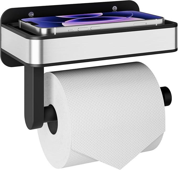 Kitsure Toilet Paper Holder with Shelf - Adhesive & Screw Wall Mount Toilet Paper Storage, Matte Black Design for Bathroom Decor, Space-Saving for Washroom, RV, Black, 7.1" W
