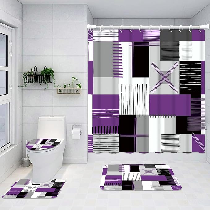 Shower Curtain Sets Lavender Purple Bathroom Sets with Shower Curtains and Rugs Modern Home Bathroom Décor Accessories,Shower Curtains Waterproof with Non-Slip Rugs Toilet Lid Cover and Bath Mat