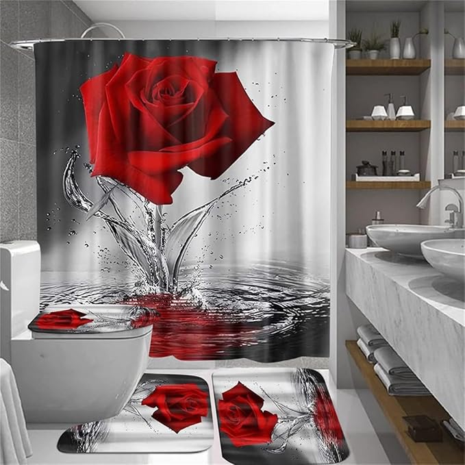 Red Rose Bathroom Sets with Shower Curtain and Rugs Water Red Rose Shower Curtain Set with Non-Slip Rugs,Bath Mat,Toilet Lid Cover and 12 Strong Hooks,Modern Style Shower Curtain for Bathroom