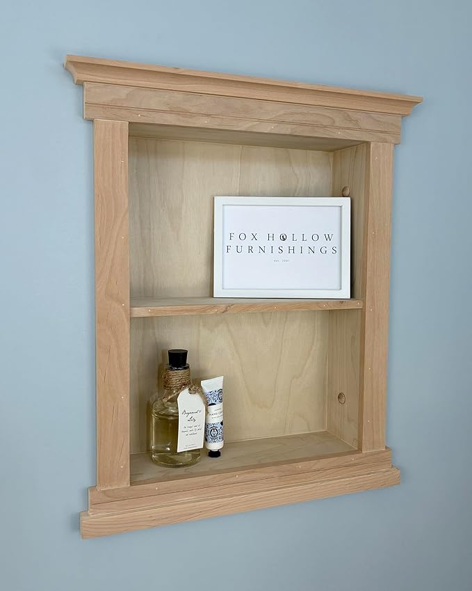Fox Hollow Furnishings 14x18 Elliot Craftsman Recessed Wood Wall Niche, Open Medicine Cabinet Replacement, in The Wall Bathroom Cabinet Insert Shelves, Made in North America, NO MDF, Plain, Unfinished