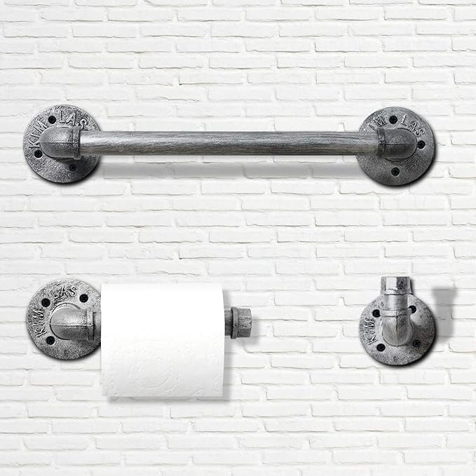 HouseAid 3-Pieces Industrial Pipe Towel Holder Set, Rustic Steel Towel Rack Kit, Farmhouse Vintage Style Towel Bar Accessories for Bathroom, Wall Mounted, Antique Silver