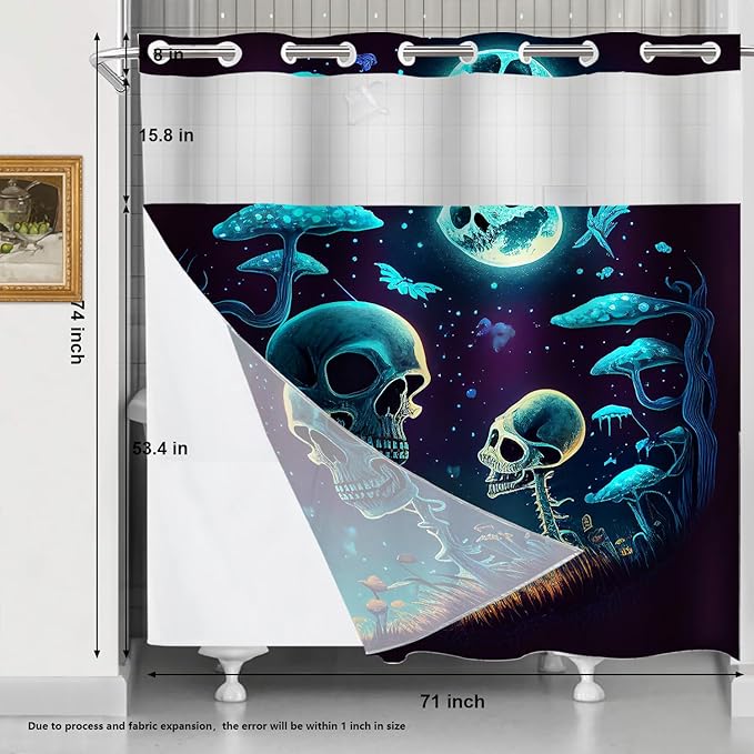 Shrahala Happy Halloween Funny No Hooks Shower Curtain with Snap in Liner Set, Skeletons Grass Mushrooms Starry Sky Bathroom Décor Polyester Fiber Waterproof for Stall Bathtubs 71 x 74 in