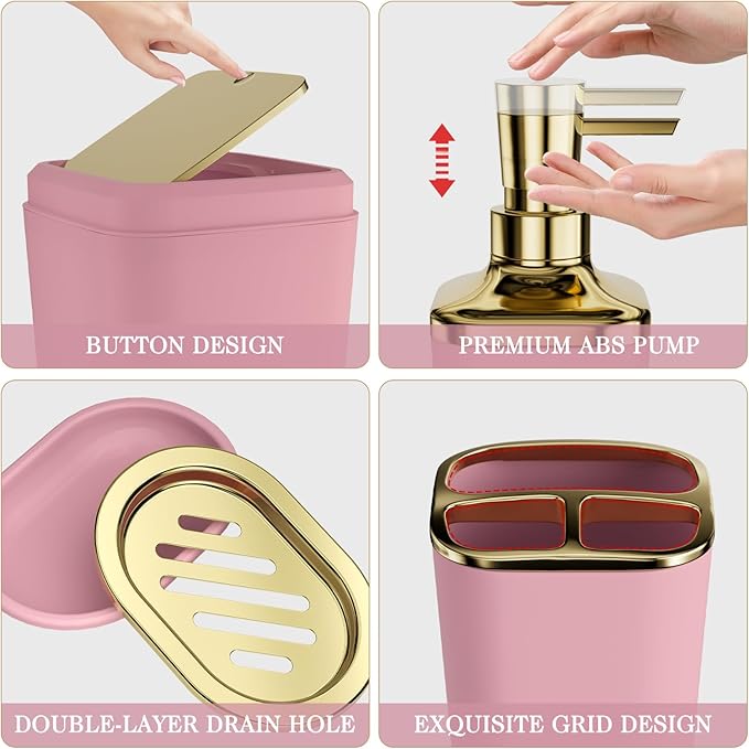 XLHOMO Bathroom Accessories Set - 25PC Bathroom Set with Shower Curtain and Rugs, Pink Bathroom Set, Bathroom Accessory Set with Press-on Lid Trash Can, Soap Dispenser and Qtip Holders