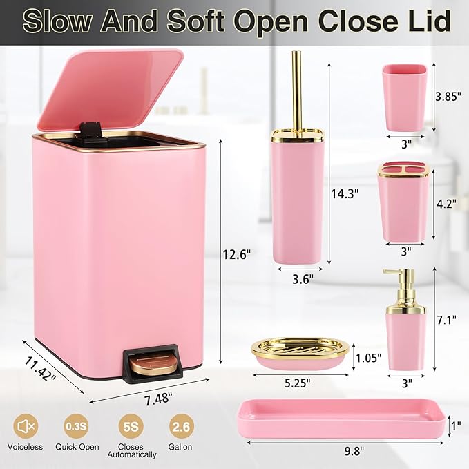 XLHOMO Pink Bathroom Accessories Set 8 Piece Pink and Gold Bathroom Set, Bathroom Sets with Stainless Steel Trash Can,Toilet Brush,Toothbrush Set,Soap Dispenser