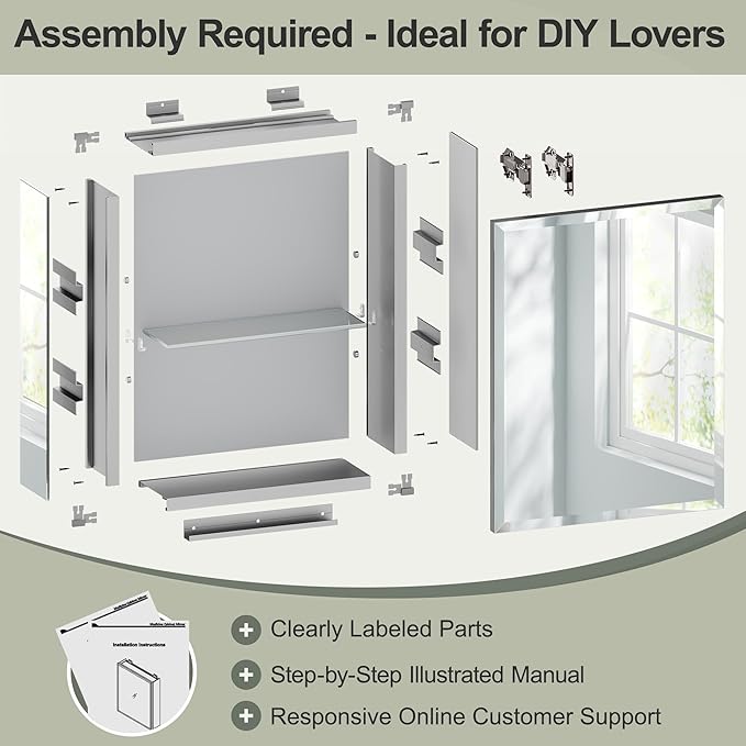 16x20 Inch Beveled Bathroom Medicine Cabinet with Mirror, Assembly Needed, Recessed or Wall Mount, 1 Adjustable Tempered Glass Shelf, Aluminum Medicine Cabinet, Side Mirror, Reversable Door