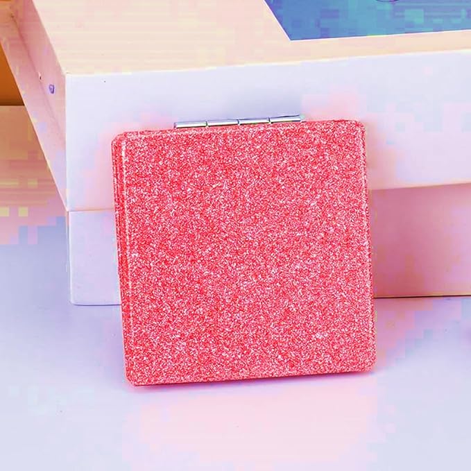 Square Pink Compact Mirror for Women,Small Magnifying Travel Mirror with Glitter,Portable 2 x 1x Magnification Folding Pocket Makeup Mirror Cosmetic Mirror for Gift Travel Essentials